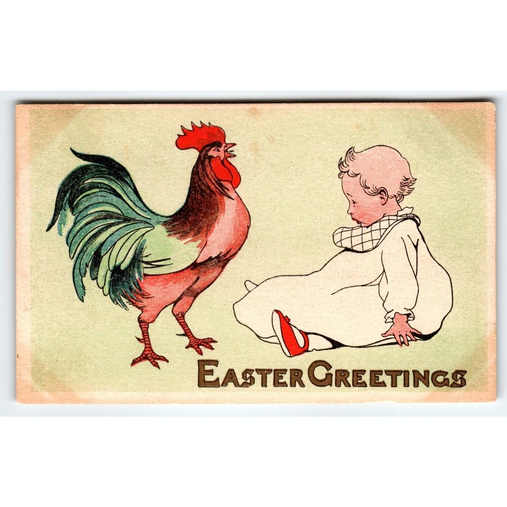 Easter Postcard Baby Greeting Giant Rooster Vintage Pink Of Perfection Fairman